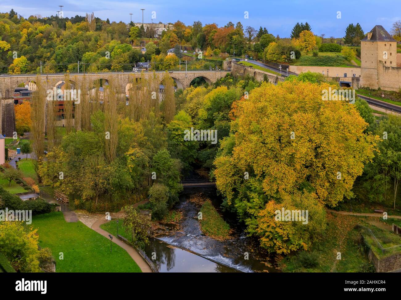 Aerial view of the Passerelle or Luxembourg Viaduct across the Petrusse in the UNESCO World Heritage Site, Luxembourg old town with its Old Quarters Stock Photo
