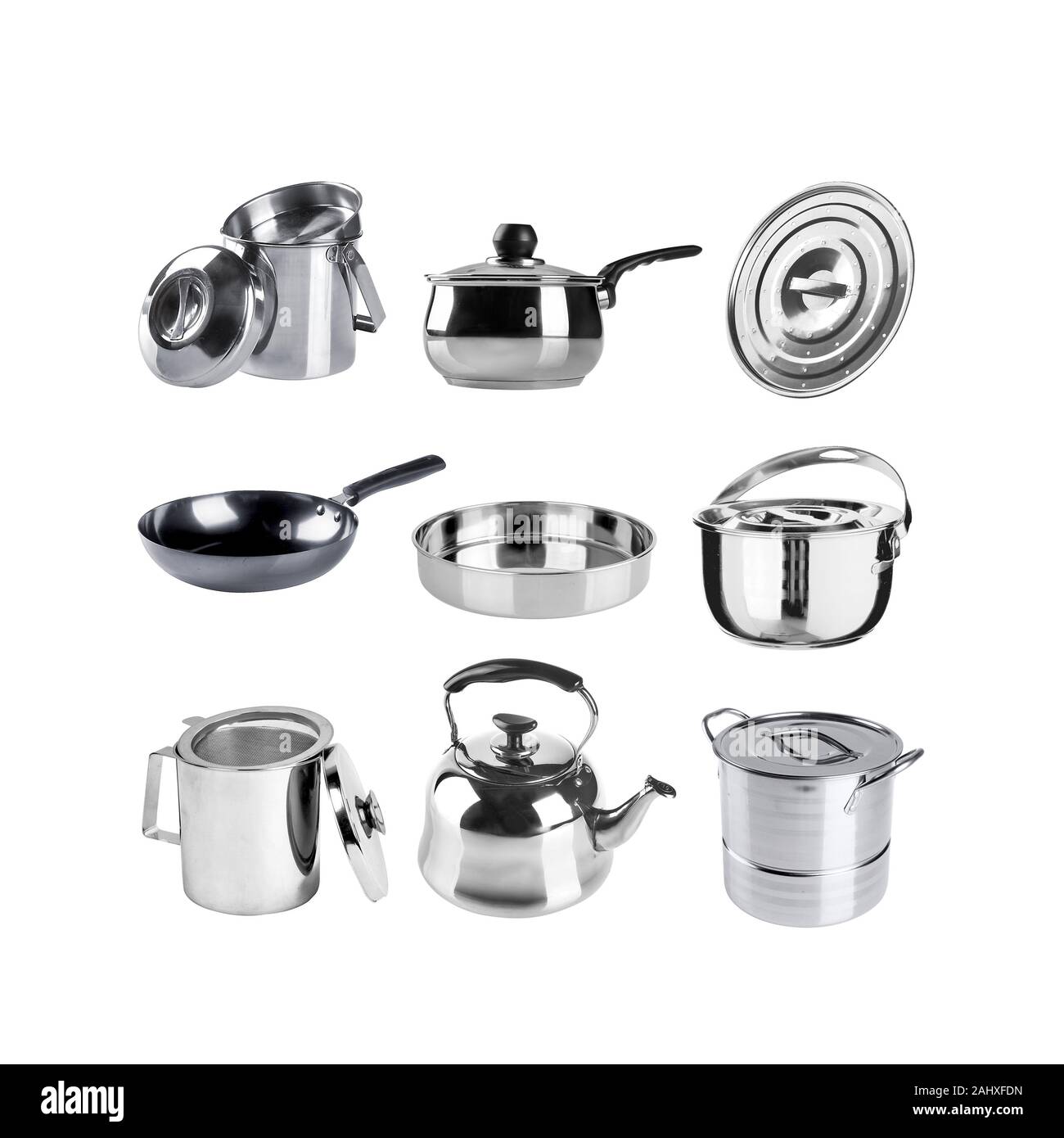 Kitchenware or Group of stainless steel kitchenware on background new Stock Photo