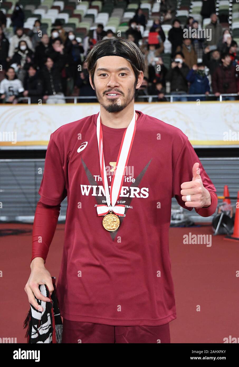 Tokyo, Japan. 1st Jan, 2020. Yamaguchi Hotaru of Vissel team pose for a photo during a moment of celebration. Vissel Kobe football team premieres at Tokyo National Stadium in Japan, becoming the first ever Vissel Kobe team to win an Emperor's Cup JFA championship. The game was held at the stadium that will serve as the main venue of the Tokyo 2020 Olympic Games. Photo taken onã€€Wednesday January 1, 2020. Photo by: Ramiro Agustin Vargas Tabares Credit: Ramiro Agustin Vargas Tabares/ZUMA Wire/Alamy Live News Stock Photo