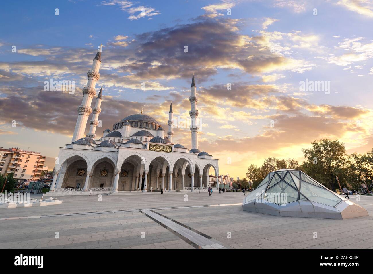 ANKARA, TURKEY. New Melike Hatun Mosque, close to Genclik Park, in the capital city at sunset Stock Photo