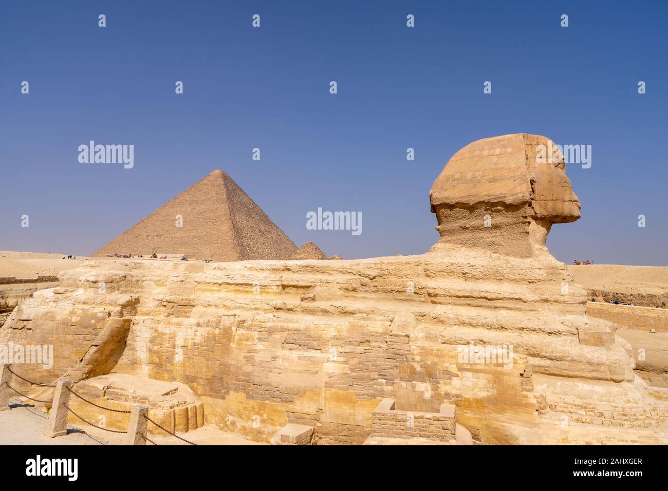 Great Sphinx of Giza, with the Great Pyramid in the background Stock ...