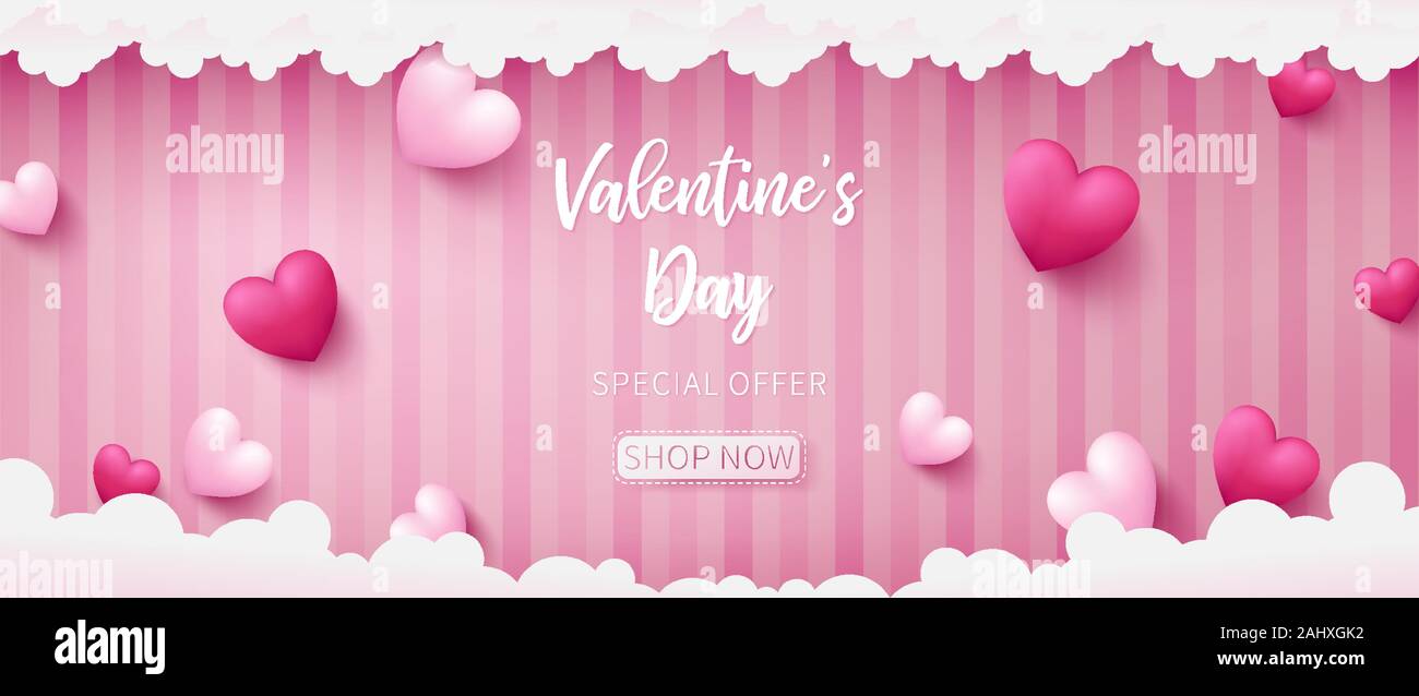 Valentine banner consist of two tone colors of heart shape such as pearl pink and deep pink over sweet pink pattern background Stock Vector