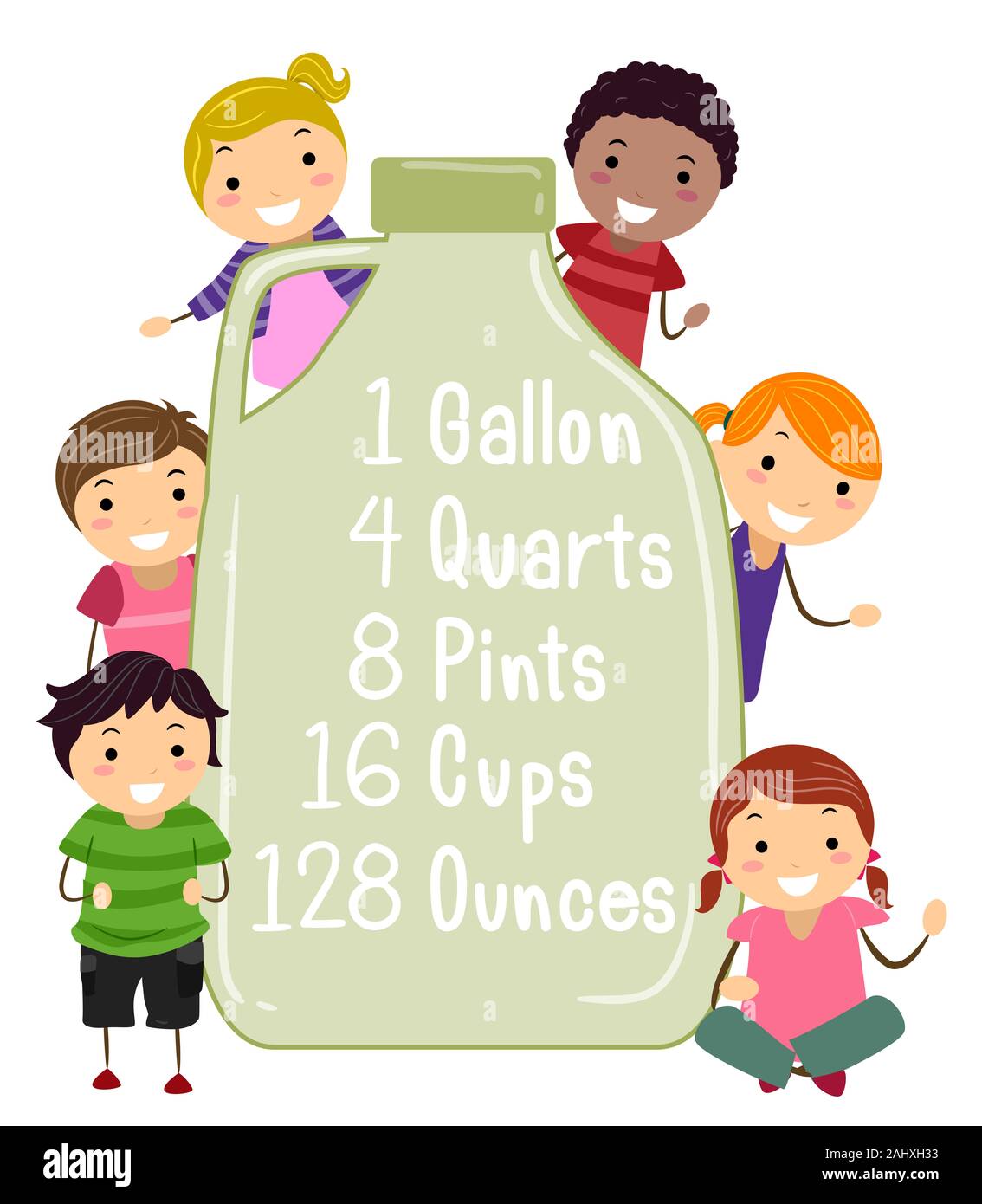 Illustration of Stickman Kids Holding a One Gallon Bottle with Conversion  from Quart, Pint, Cup to Ounce Stock Photo - Alamy