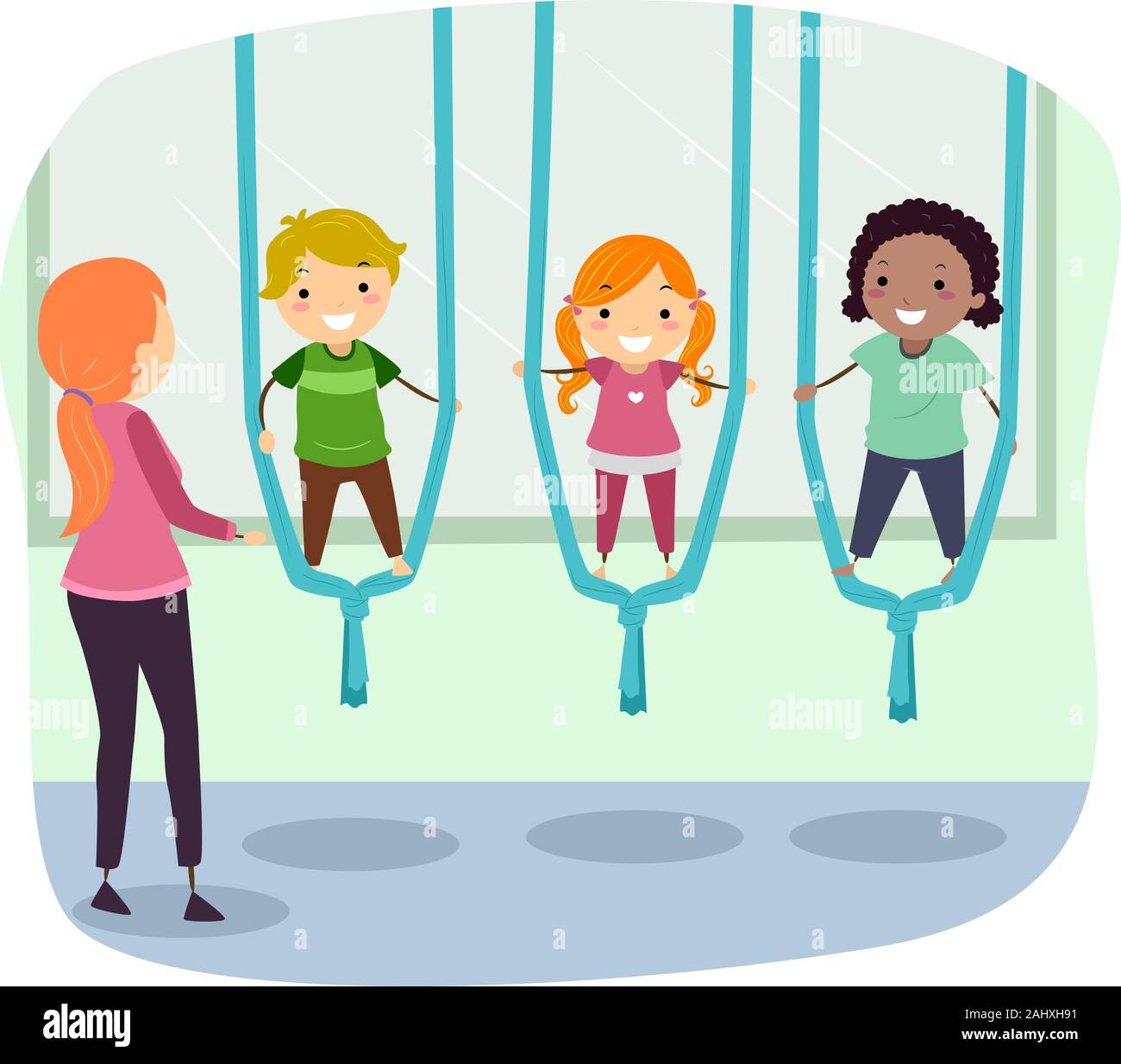 Illustration of Stickman Kids Using a Hammock Doing Aerial Yoga with an Instructor Stock Photo