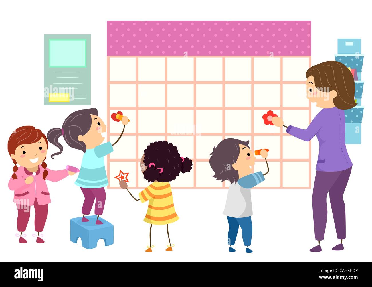 Illustration of Stickman Kids Making a Big Monthly School Calendar in ...
