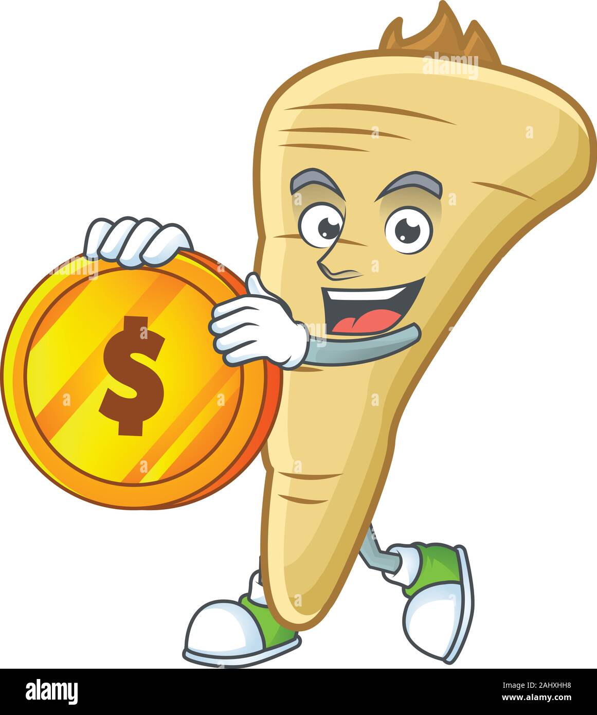 happy face parsnip cartoon character with gold coin Stock Vector Image