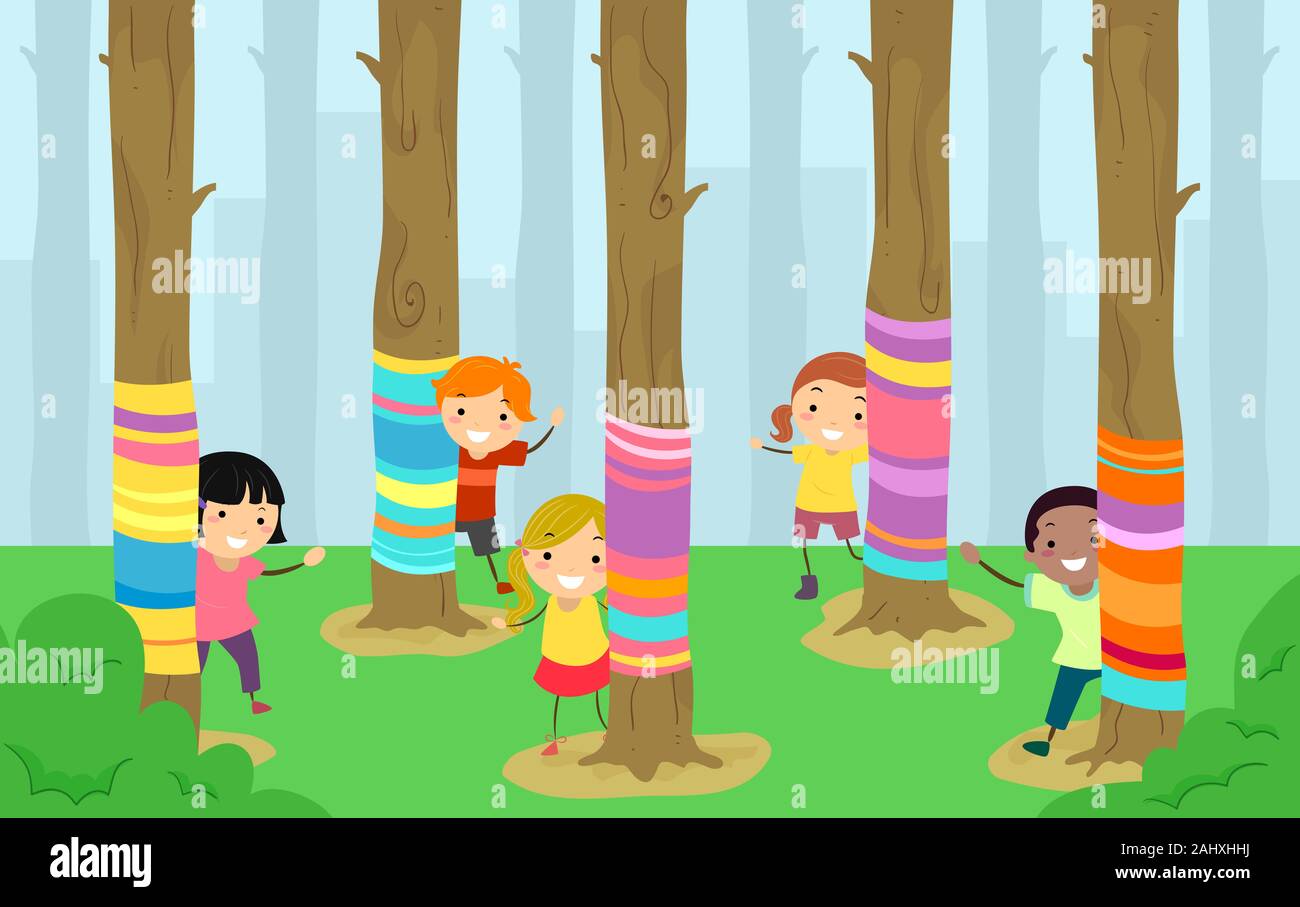 Illustration of Stickman Kids Each Yarn Bombing Trees Stock Photo