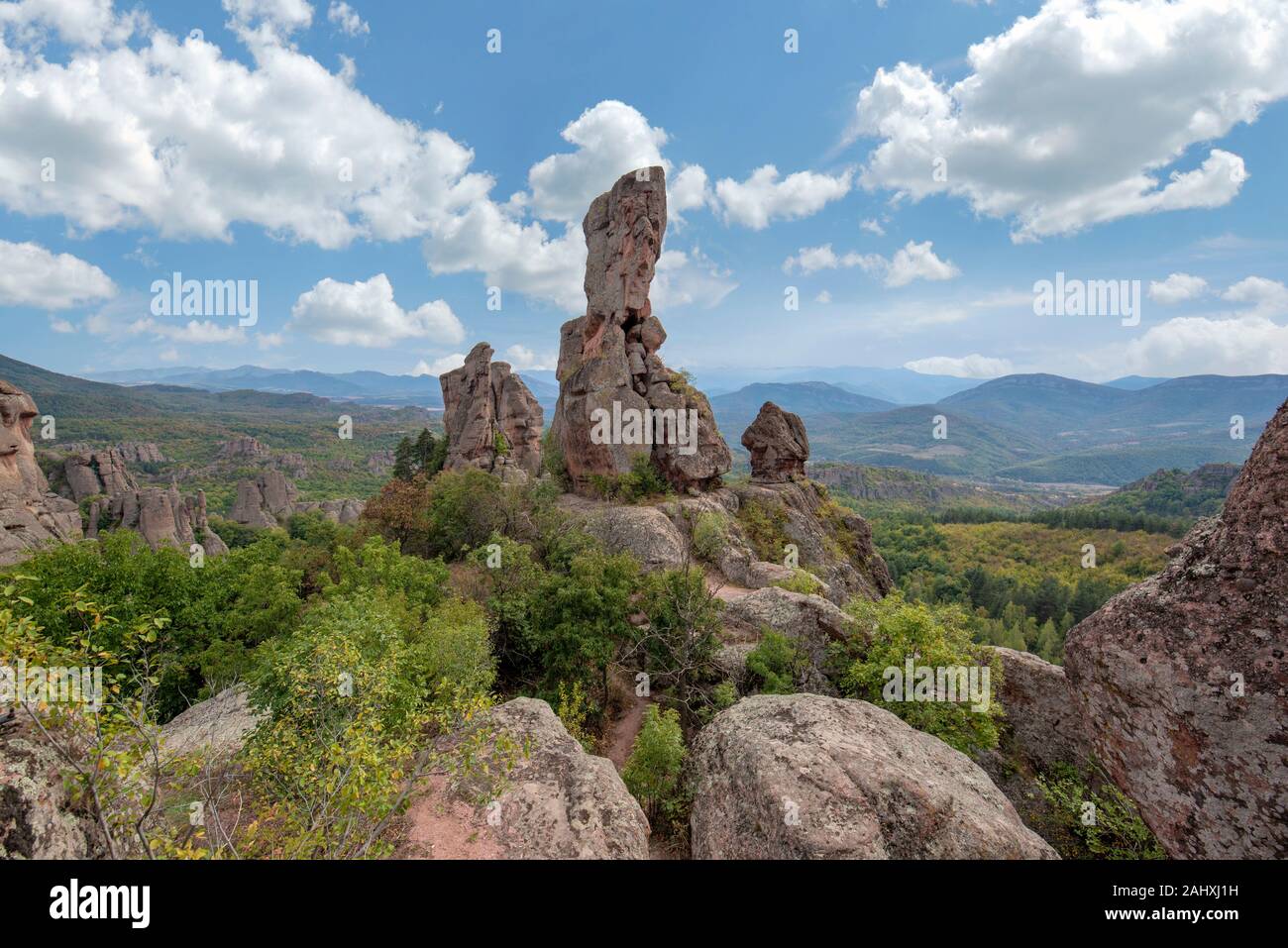 Belogradchik rocks, Bulgaria - Beautiful landscape with bizarre rock formations. Stone stairs leading to the amazing rock formations Stock Photo