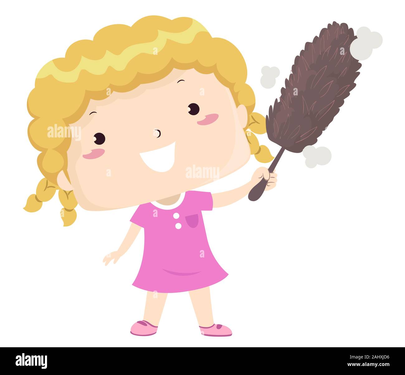 Illustration of a Kid Girl Using a Fluffy Duster Against Something