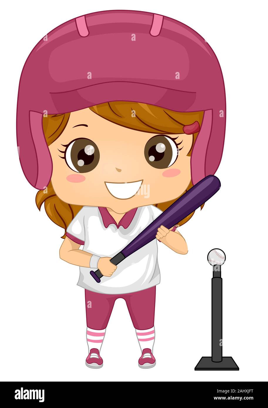 Illustration of a Kid Girl Tee Ball Player Holding a Bat with a Ball