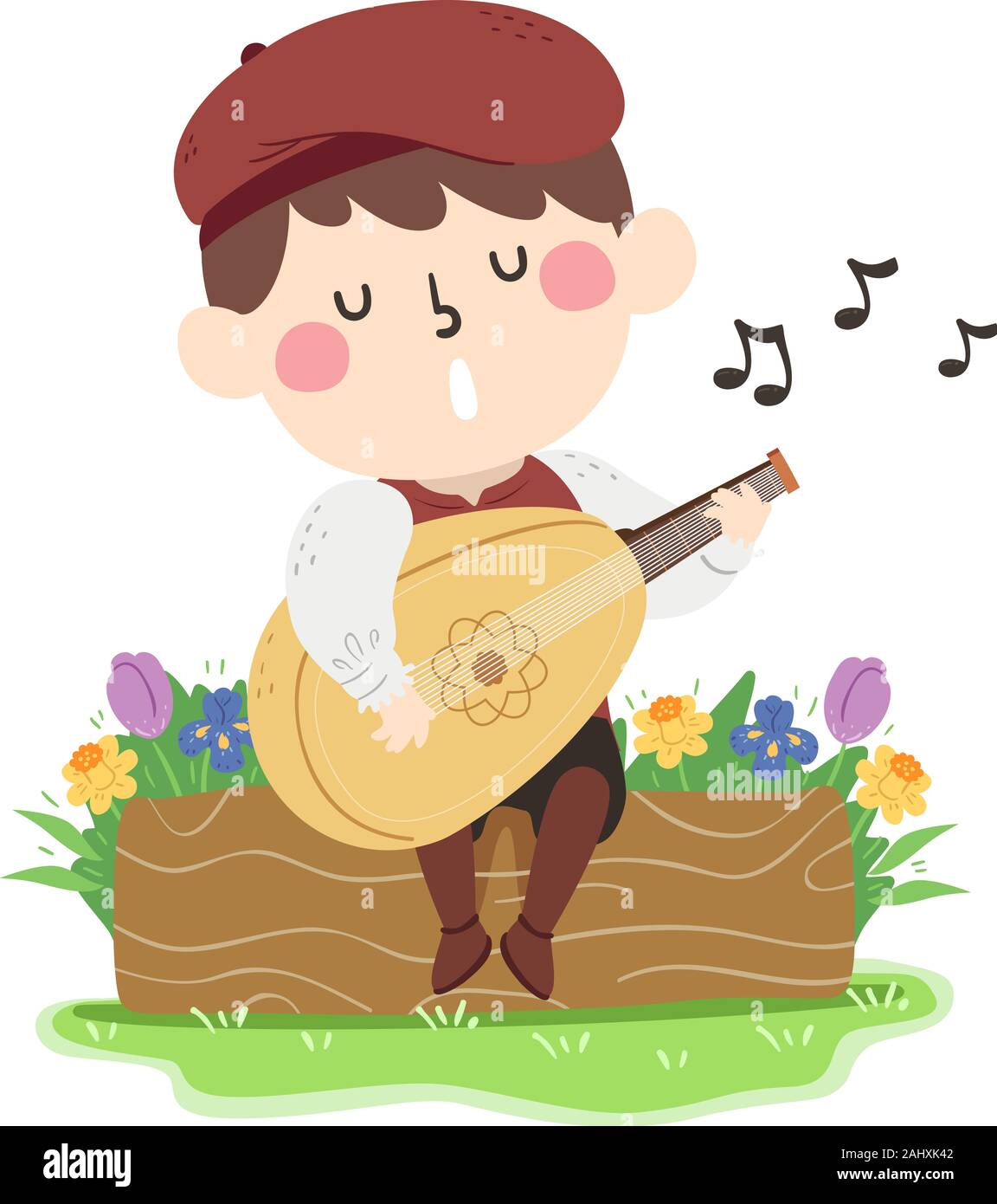 Illustration of a Kid Boy Wearing a Medieval Minstrel Costume Singing and Playing a Lute Stock Photo