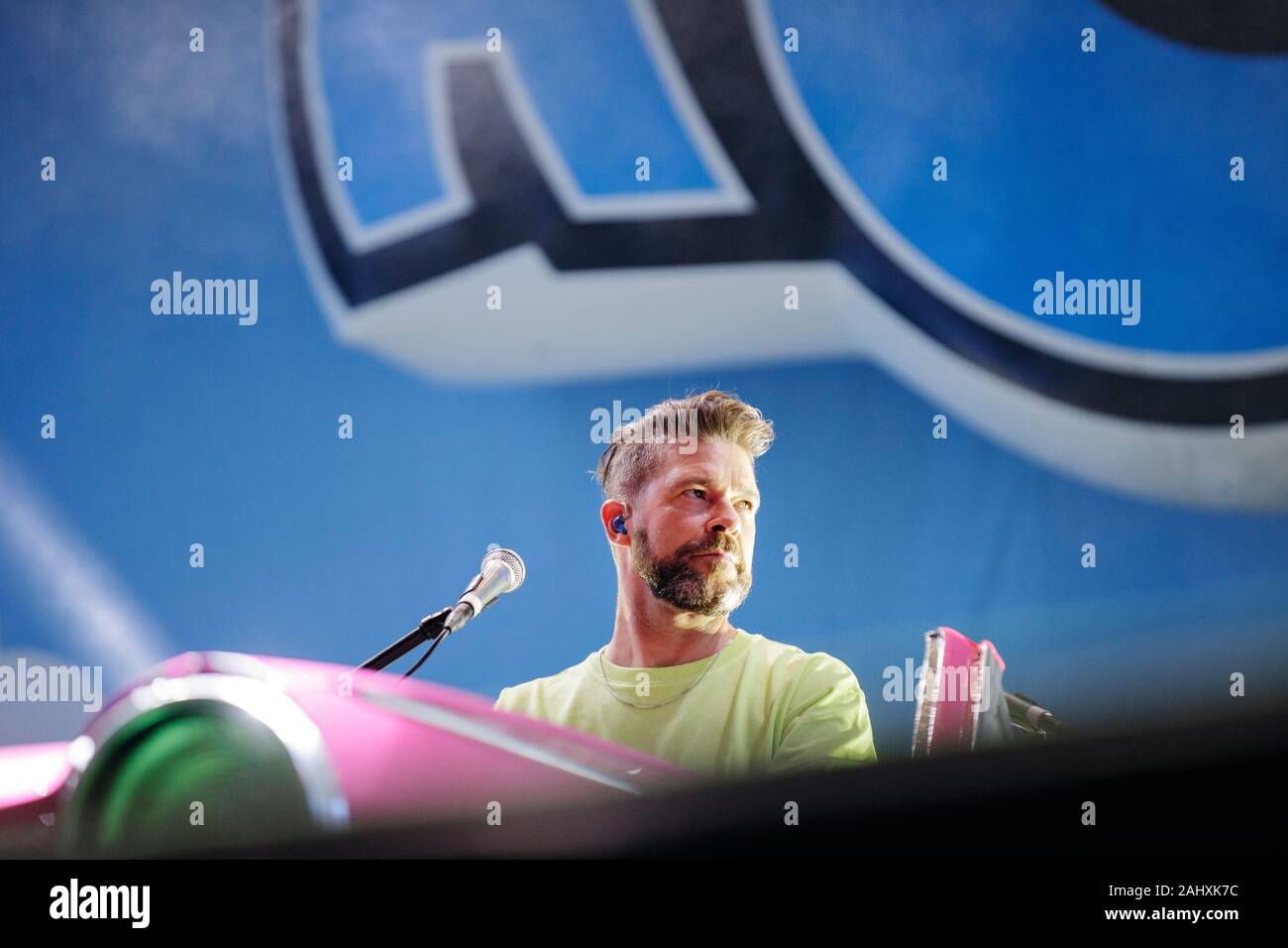 Vig, Denmark. 11th, July 2019. The Danish eurodance group Aqua performs a live concert during the Danish music festival Vig Festival 2019. Here musician Søren Rasted is seen live on stage. (Photo credit: Gonzales Photo - Martin Faelt). Stock Photo