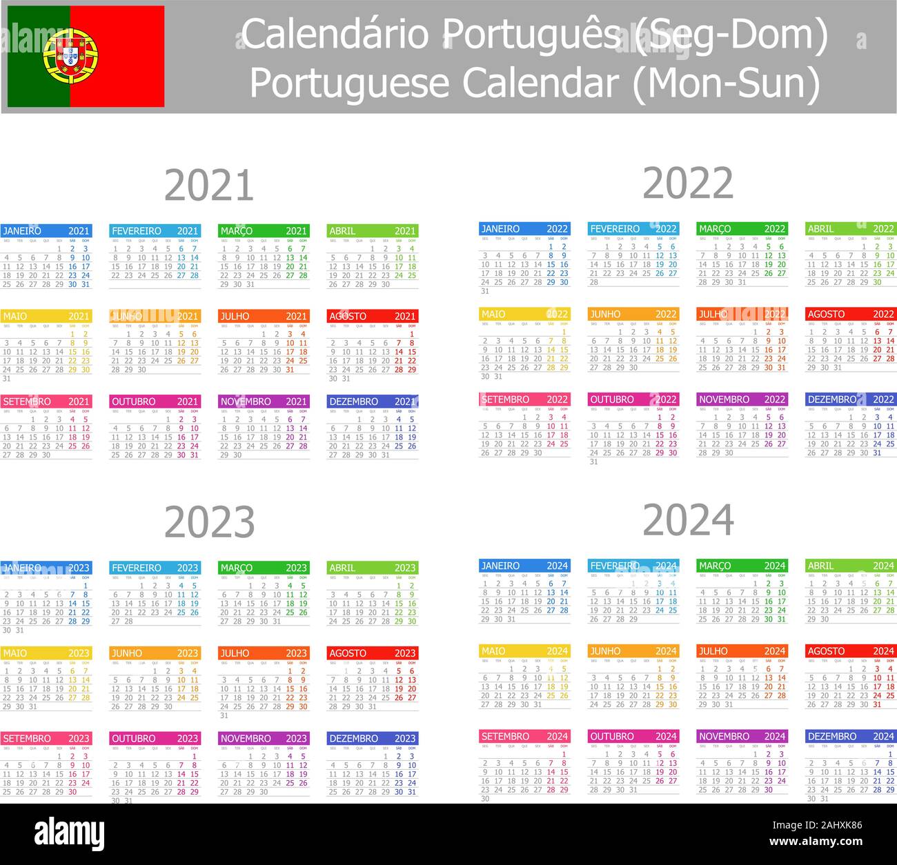 20212025 Portuguese Type1 Calendar MonSun on white background Stock
