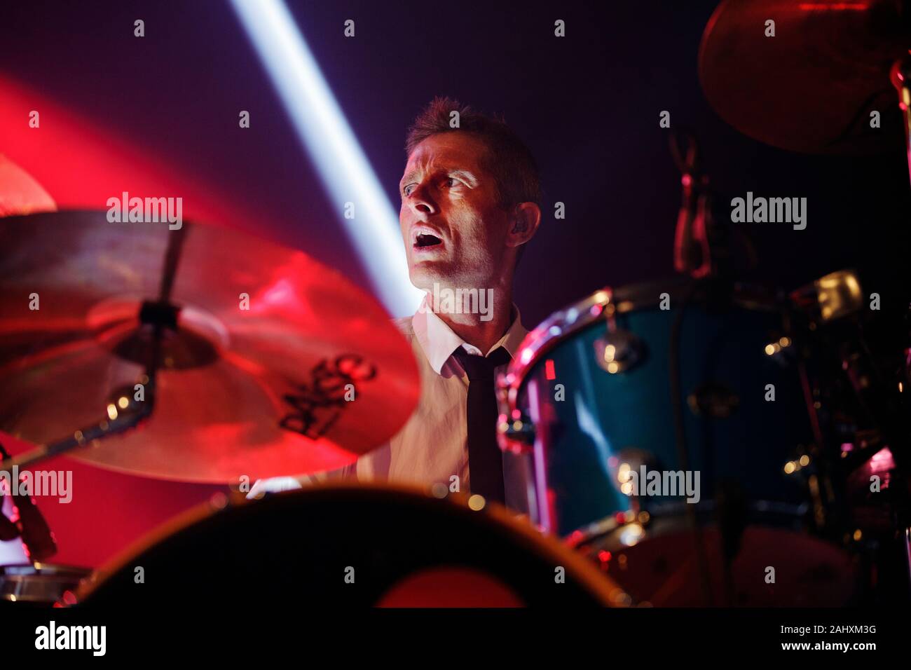 Vig, Denmark. 11th, July 2019. The Danish band Michael Learns to Rock performs a live concert during the Danish music festival Vig Festival 2019. Here drummer Kåre Wanscher is seen live on stage. (Photo credit: Gonzales Photo - Martin Faelt). Stock Photo