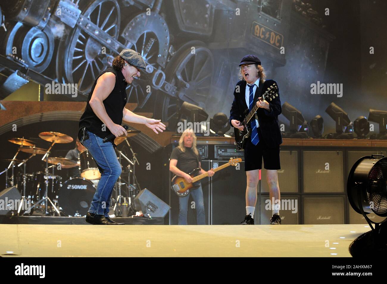 Milano Italy  19/03/2009 : Live concert of ACDC at the Mediolanum Forum of Assago,Angus Young and Brian Johnson during the concert Stock Photo