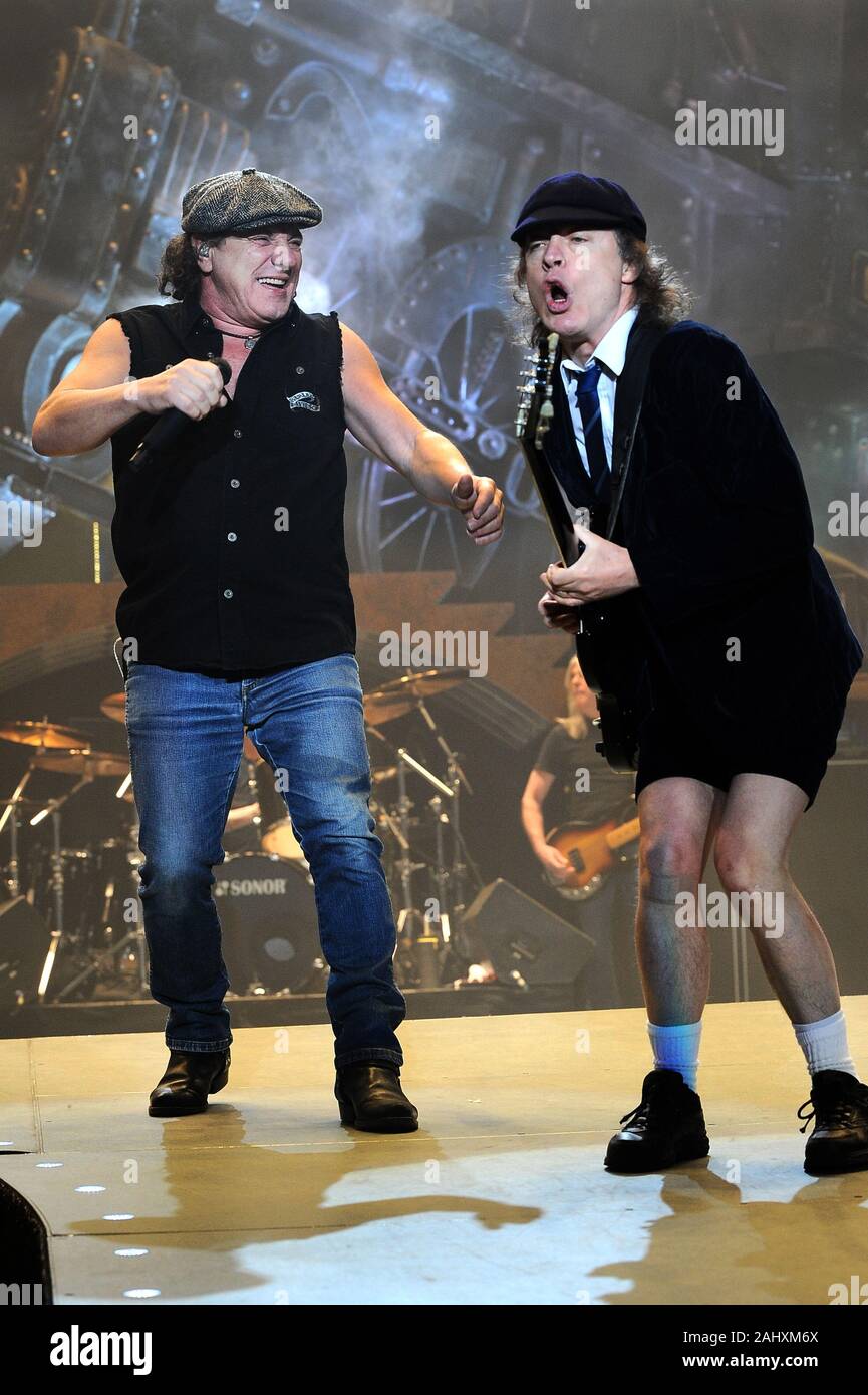 Milano Italy  19/03/2009 : Live concert of ACDC at the Mediolanum Forum of Assago,Angus Young and Brian Johnson during the concert Stock Photo