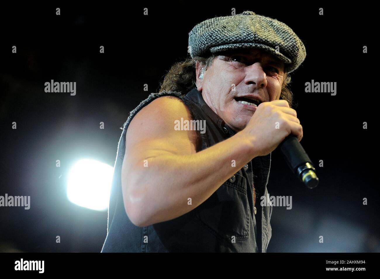 Udine Italy 05/19/2010 : Live concert of ACDC at the Stadio Friuli,Brian Johnson during the concert Stock Photo