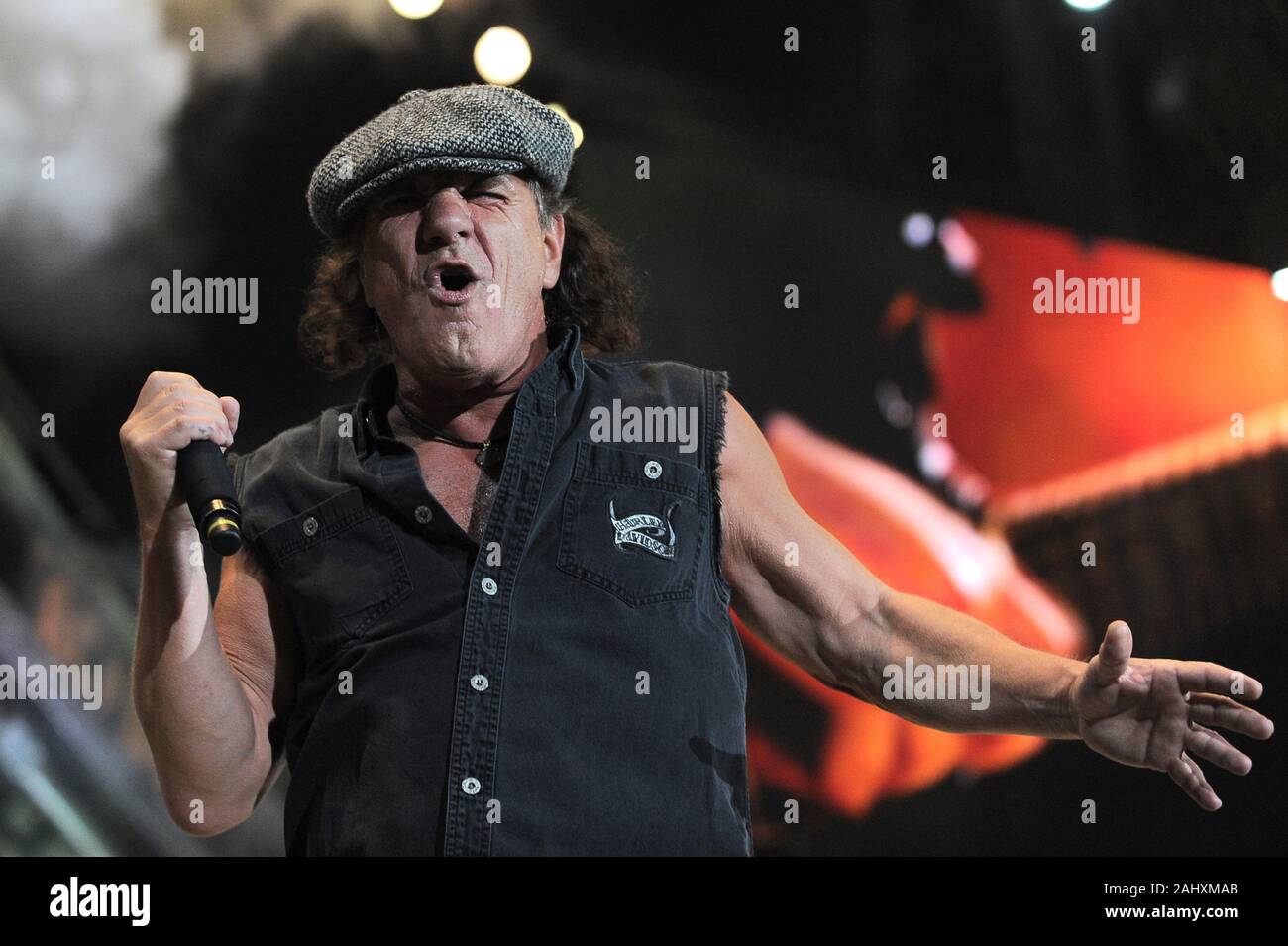 Udine Italy 05/19/2010 : Live concert of ACDC at the Stadio Friuli,Brian Johnson during the concert Stock Photo