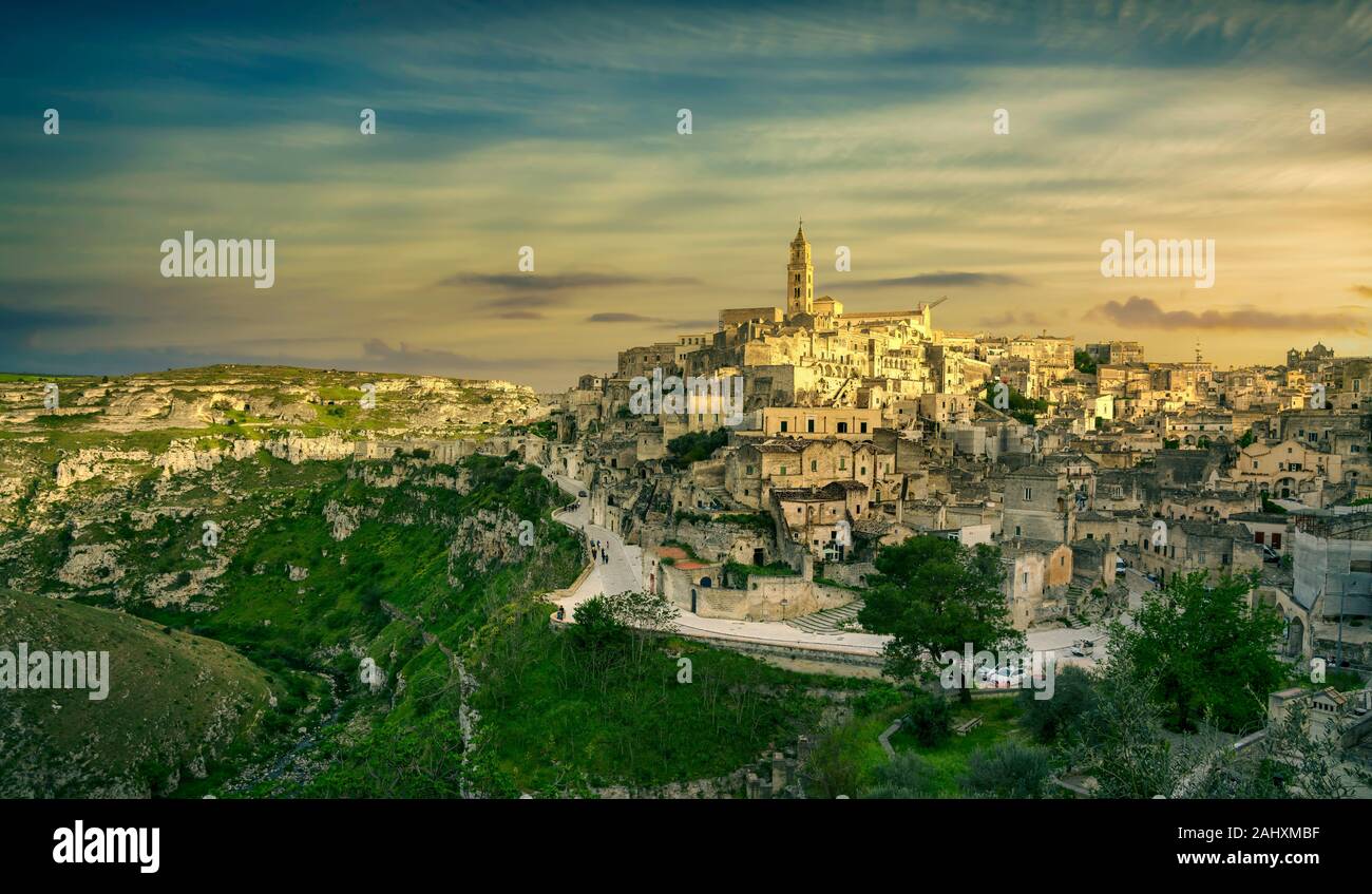 Matera ancient town i Sassi, Unesco world heritage site landmark at sunset. Basilicata, Italy, Europe Stock Photo