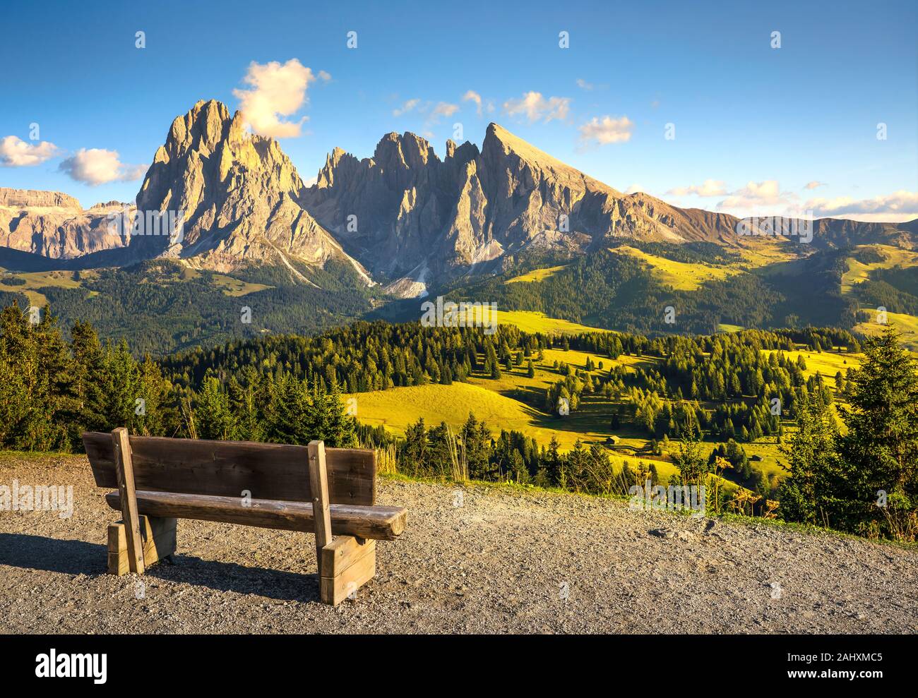 Alpe di Siusi or Seiser Alm and a wooden bench, Dolomites Alps