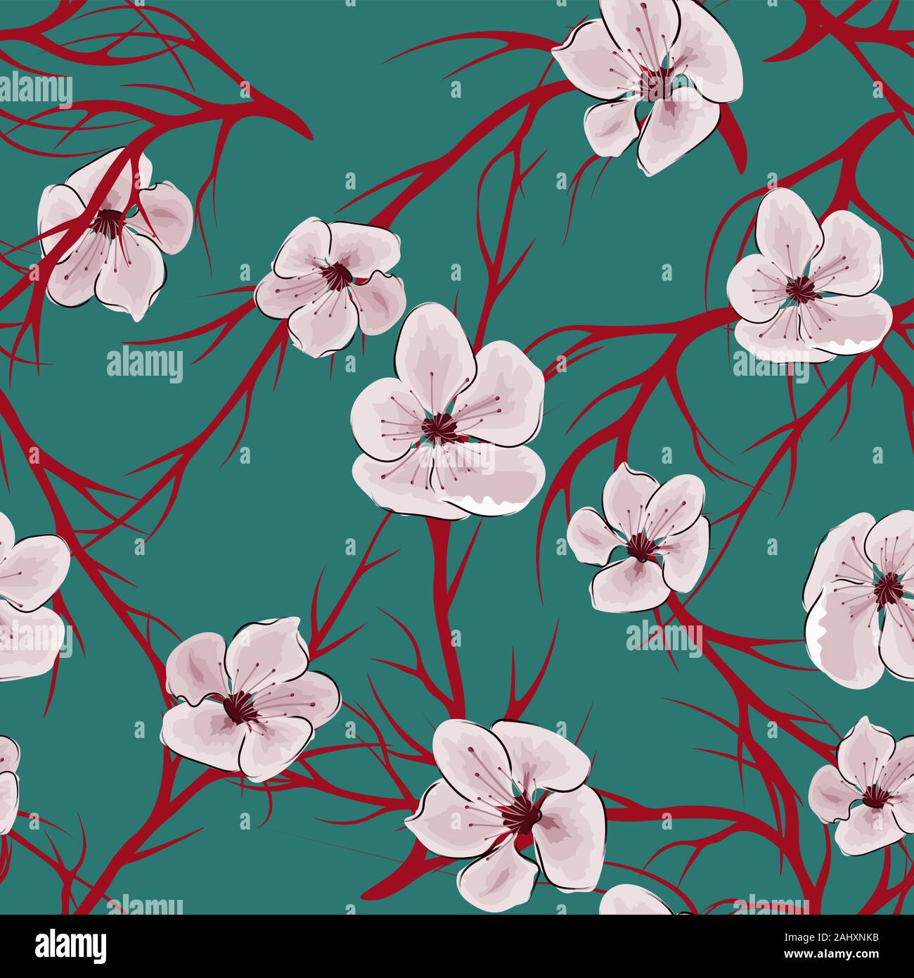 Sakura in abstract style on green background. Japanese traditional