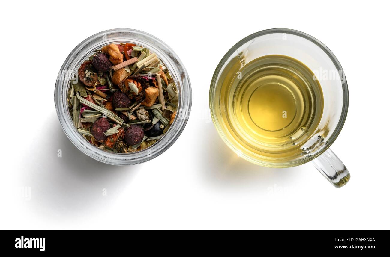 Green tea with natural aromatic additives and a Cup of tea. Top view on ...