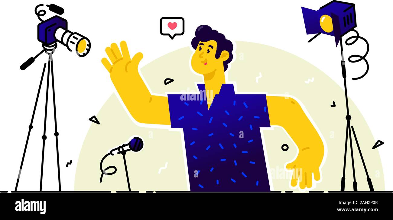 Illustration of a blogger. A young man makes a video for his channel. Vector. The influencer expresses his opinion and makes a review, surrounded by c Stock Vector