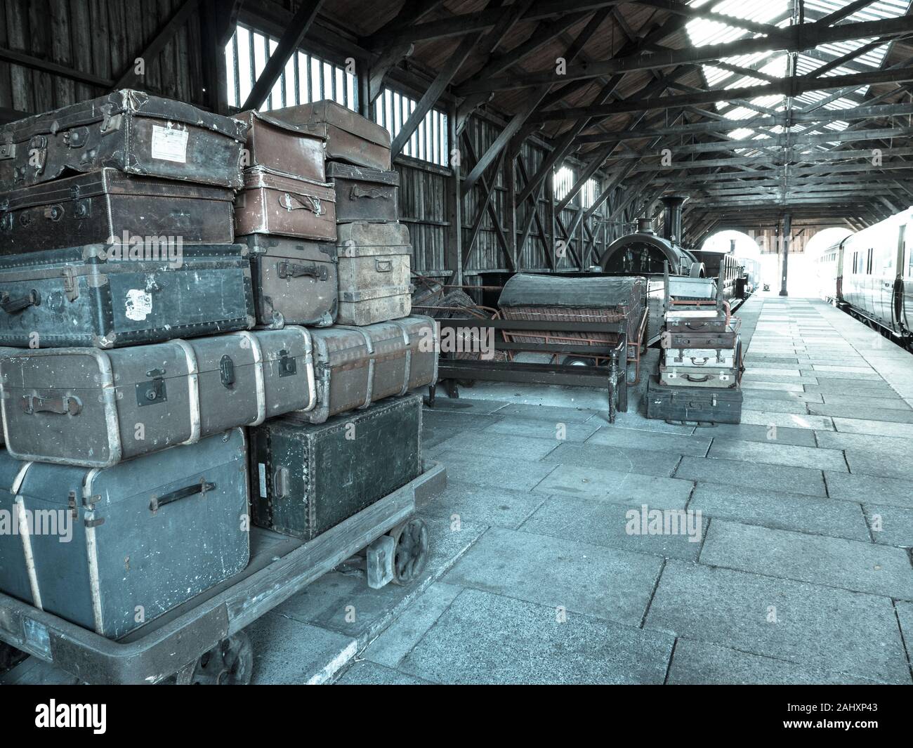 Suitcases at Railway Station, Didcot Railway Centre, Oxfordshire, England, UK, GB. Stock Photo