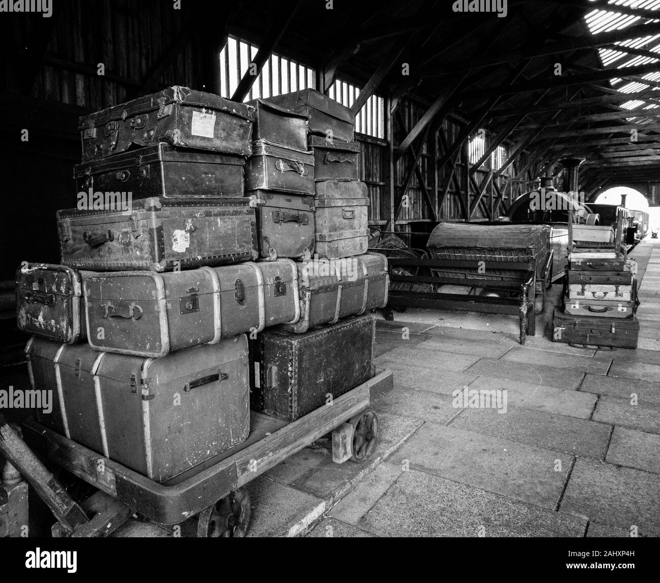Suitcases at Railway Station, Didcot Railway Centre, Oxfordshire, England, UK, GB. Stock Photo