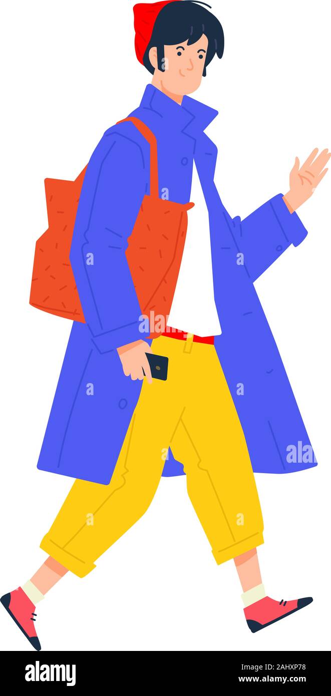 Illustration of a young man in a blue cloak and with a brown bag. Vector. Stylish hipster in yellow pants. A fashionable guy walks in a red cap and wi Stock Vector