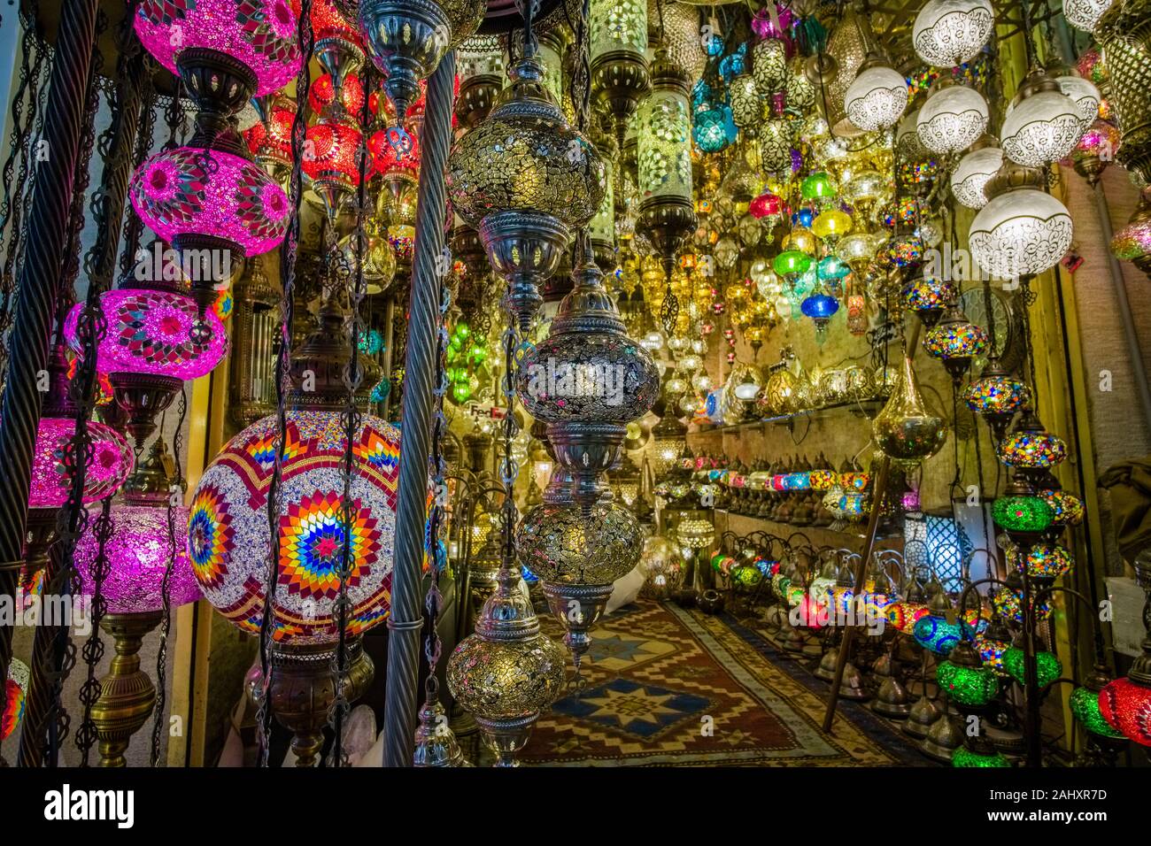 Colorful and artful lamps are sold at Grand Bazaar, Kapalıçarşı, one of
