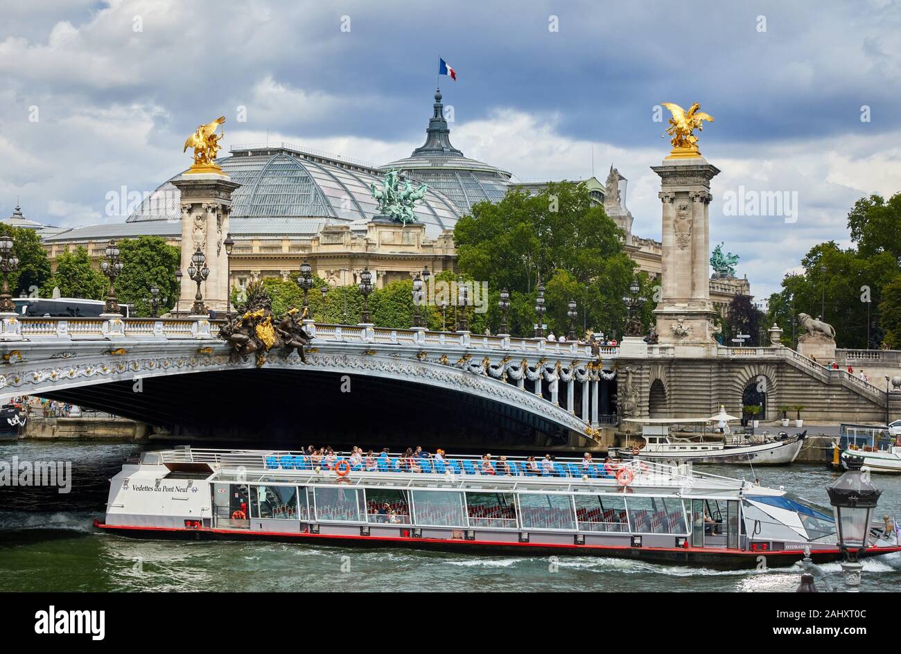 Pont Alexandre III, Tourist boat, River Seine, Grand Palais, Paris, France Stock Photo