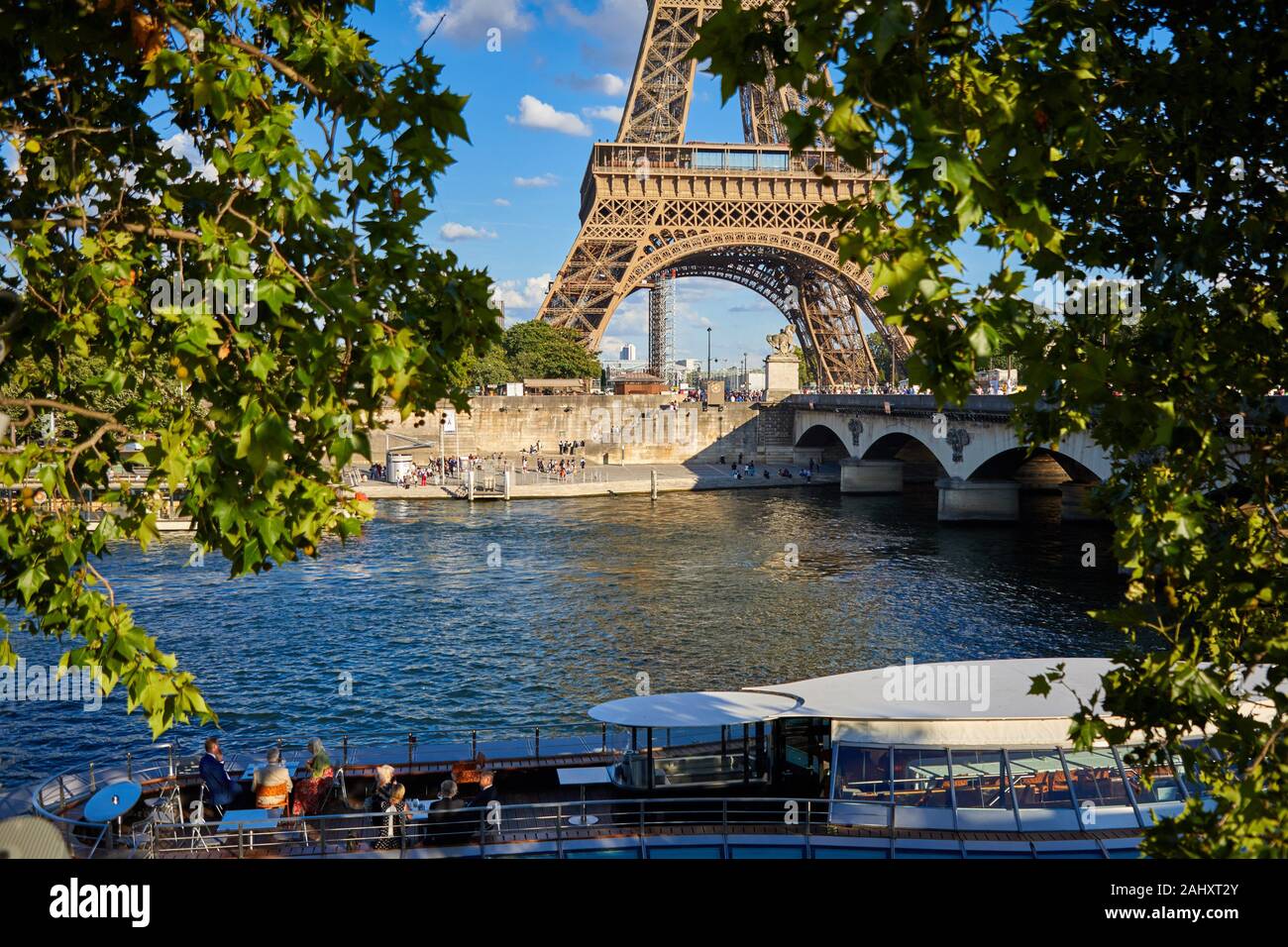 Tourist boat, Eiffel tower, River Seine, Paris, France Stock Photo