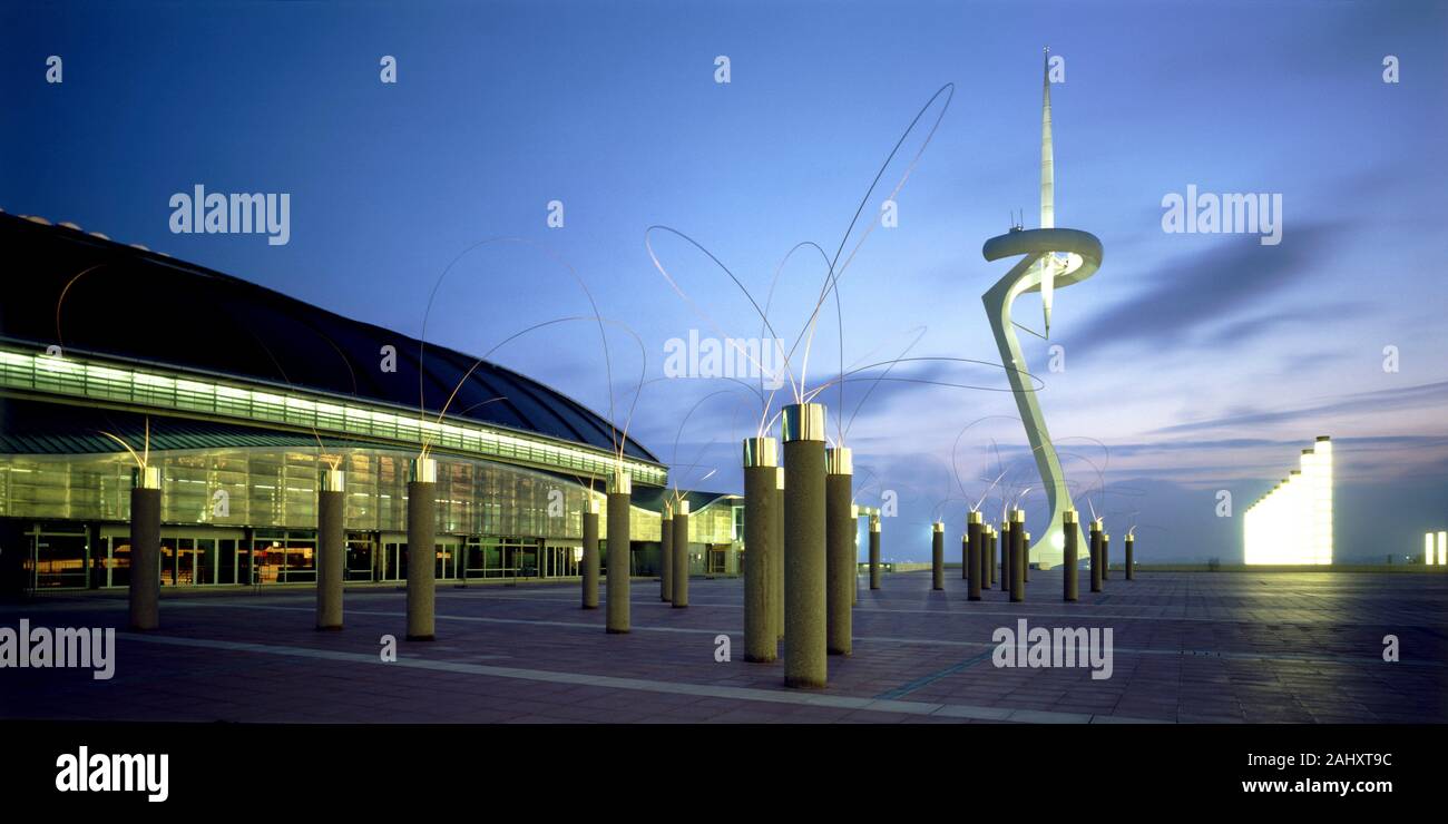 Sant Jordi Palace and Telecommunications antena at Olimpic ring. Barcelona, spain. Stock Photo