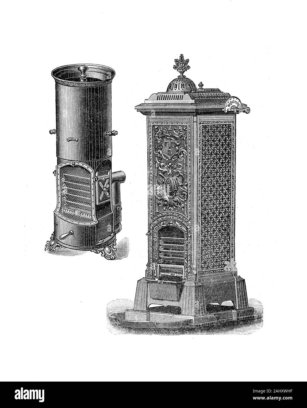 House appliance: heating cast-iron stove models 19th century Stock Photo