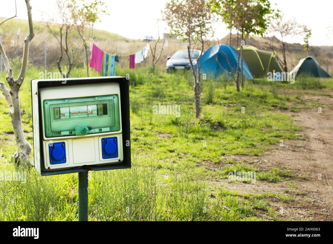 Electric panel in camping Stock Photo Alamy