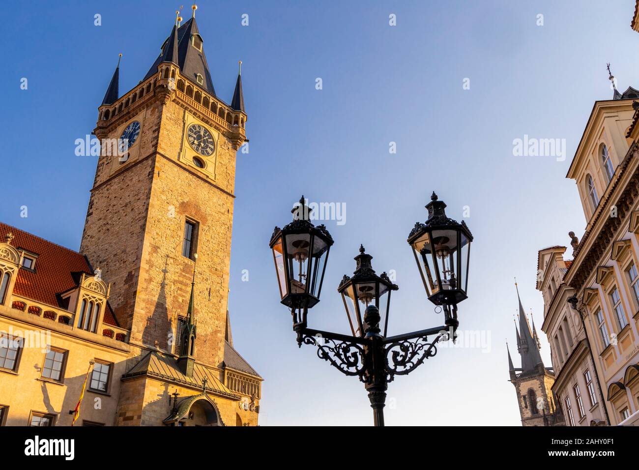 Town Hall Tower on Old Town Square, Prague, Czech Republic. Stock Photo
