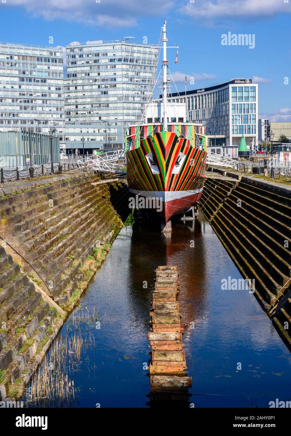 MV Edmund Gardner (1953), preserved as part of Merseyside Maritime Museum  was a pilot cutter ship.  In 2014 it was painted in WW1 dazzle camouflage. Stock Photo