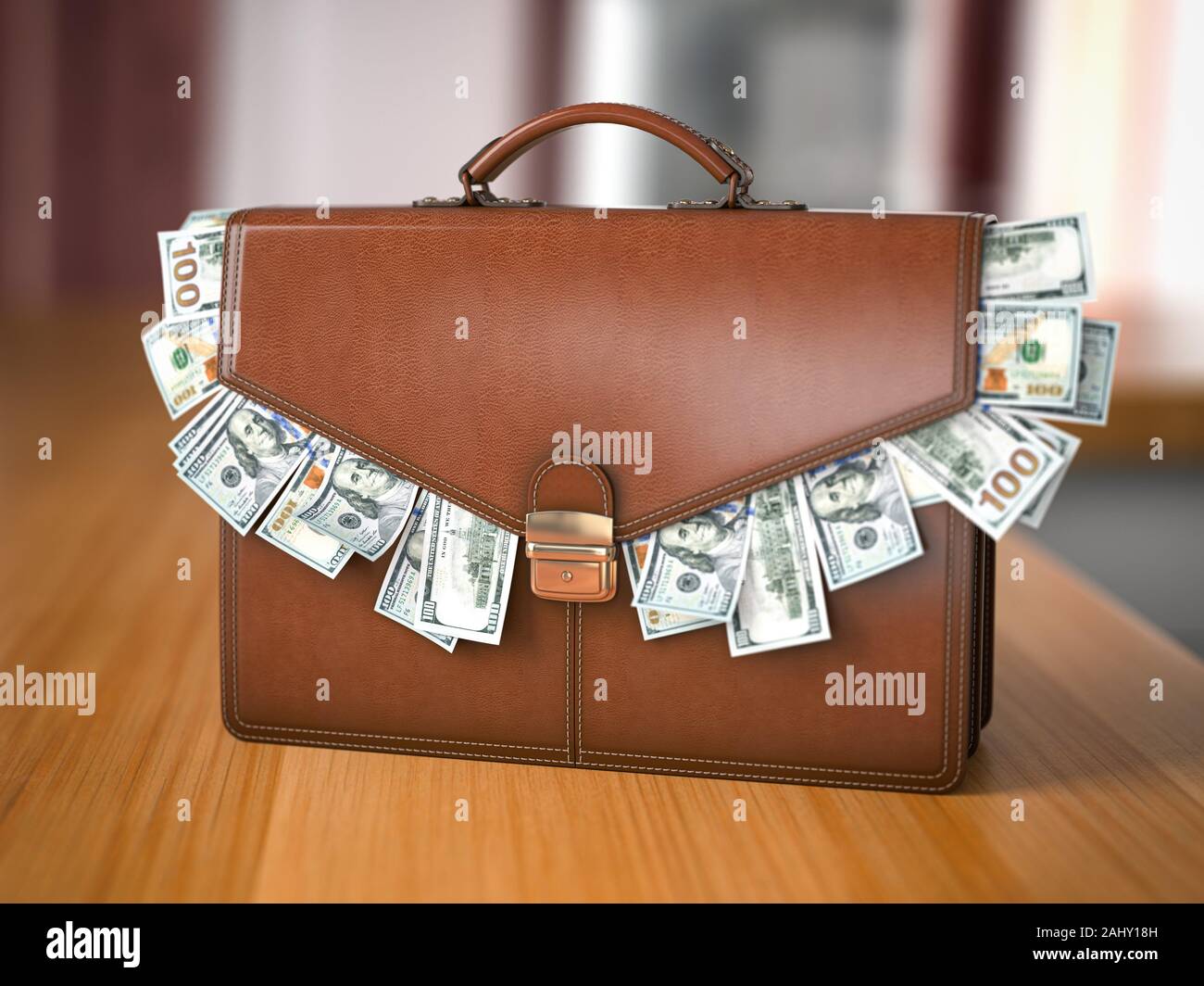 Briefcase full of dollars isolated on the table. Bribery, corruption, stock exchange portfolio financial concept. 3d illustration. Stock Photo