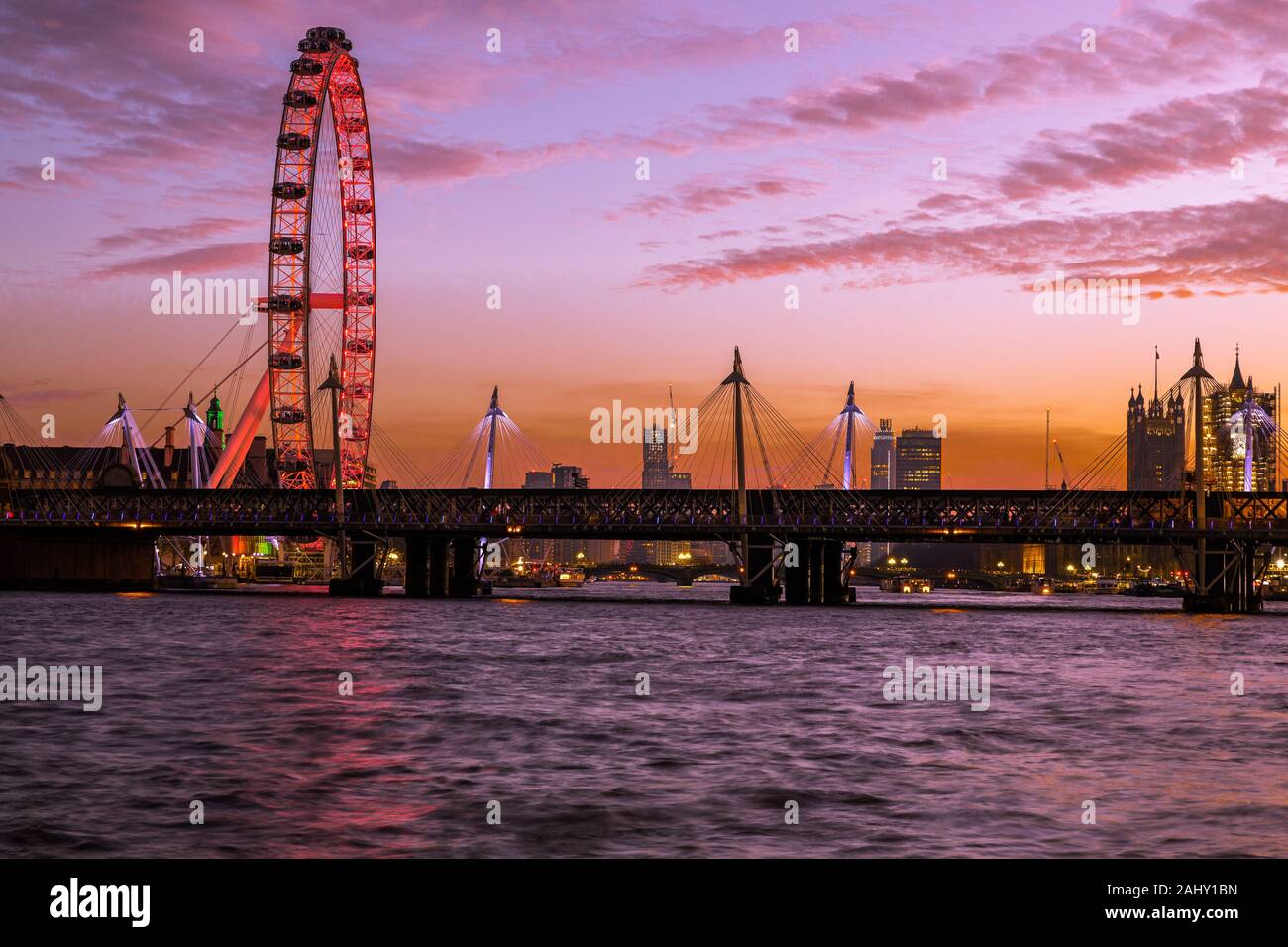 Landscape London skyline, London Eye, dusk, twilight, blue hour with the Southbank and River Thames travel destination, London England UK Stock Photo