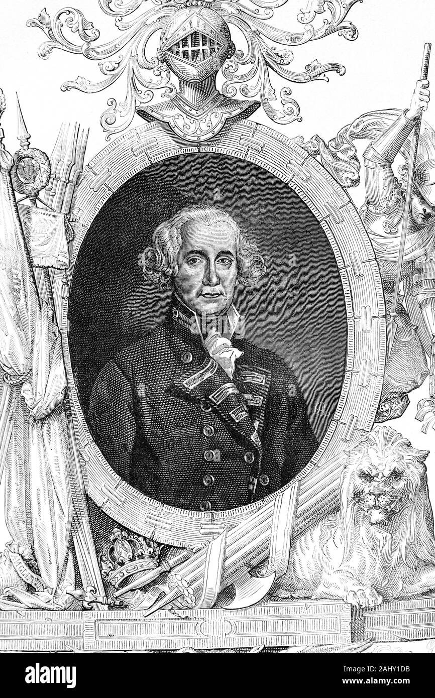 Richard Howe. English, Admiral Howe. Born 1726, died 1799. Admiral of the fleet. Antique illustration, 1890. Stock Photo