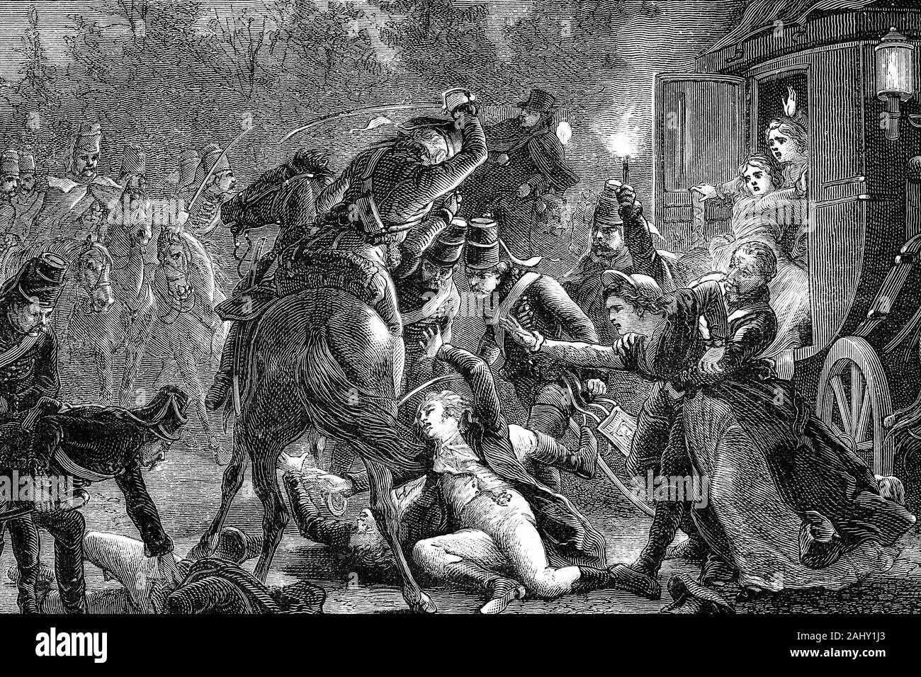 Assassination of the French plenipotentiaries. Rastadt, 28th April 1799. French revolutionary wars. Antique illustration. 1890. Stock Photo