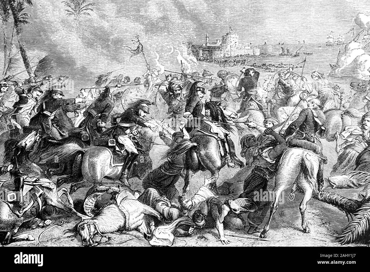 Battle of Abukir, Egypt. French campaign, 25th July 1799. French victory. Antique illustration. 1890. Stock Photo