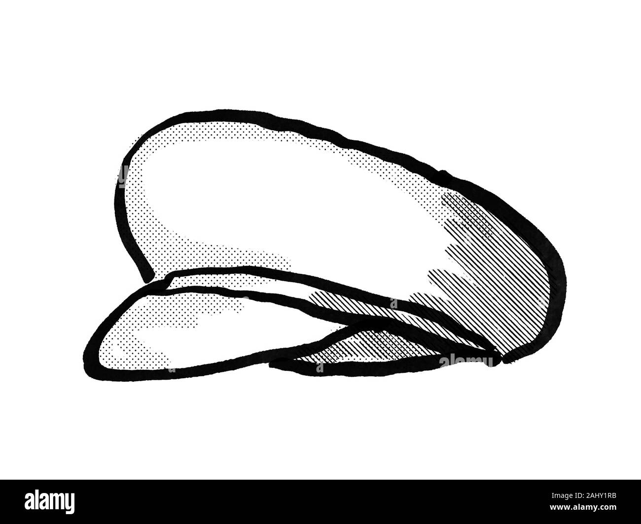 Retro cartoon style drawing of a cheesecutter, flat cap, scally cap, a rounded cap with a small stiff brim in front on isolated white background done Stock Photo