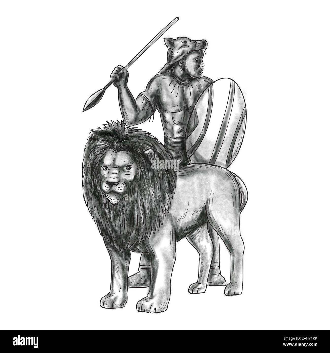 Tattoo style illustration of an african warrior holding spear and shield looking to the side with lion in front of him facing front set on isolated Stock Photo