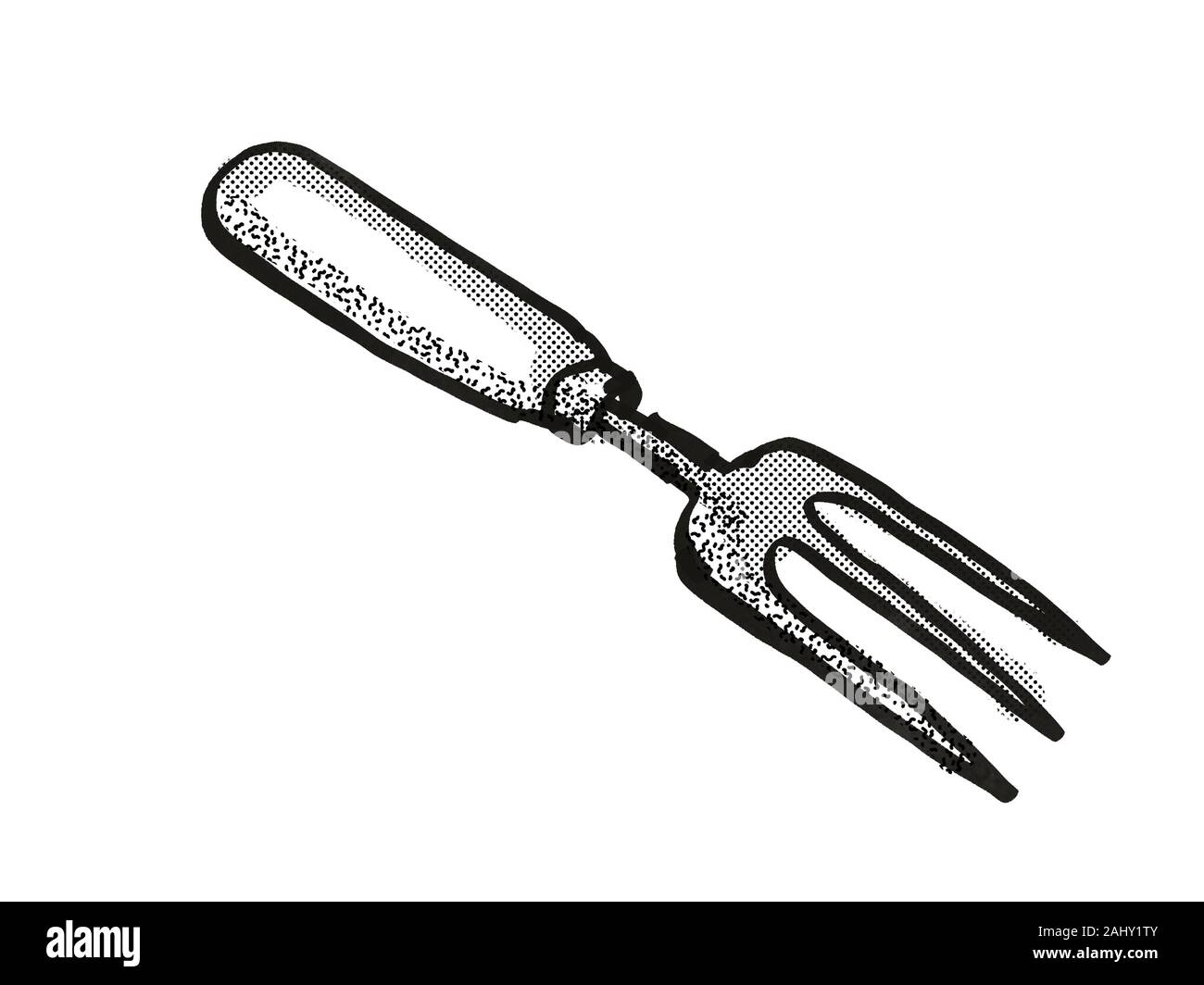 Retro cartoon style drawing of a hand fork , a garden or gardening tool  equipment on isolated white background done in black and white Stock Photo  - Alamy