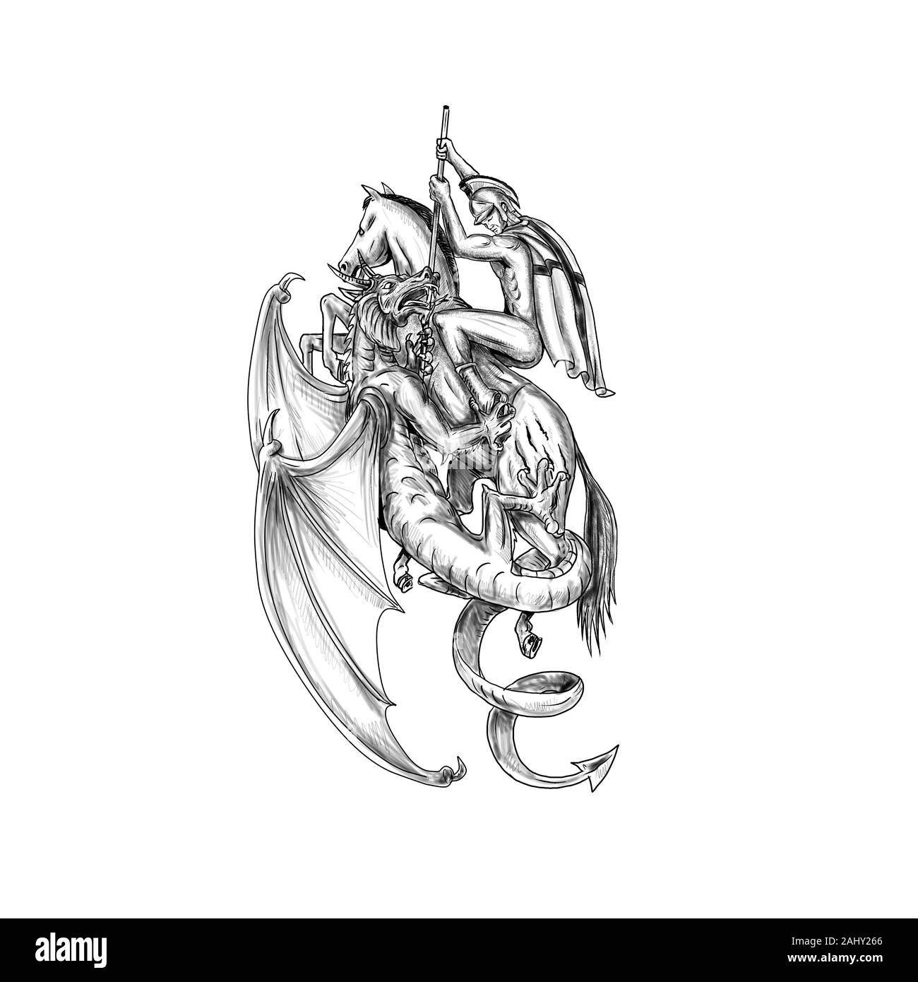 Tattoo style illustration of St. George riding horse fighting slaying mythical dragon with spear on isolated background. Stock Photo