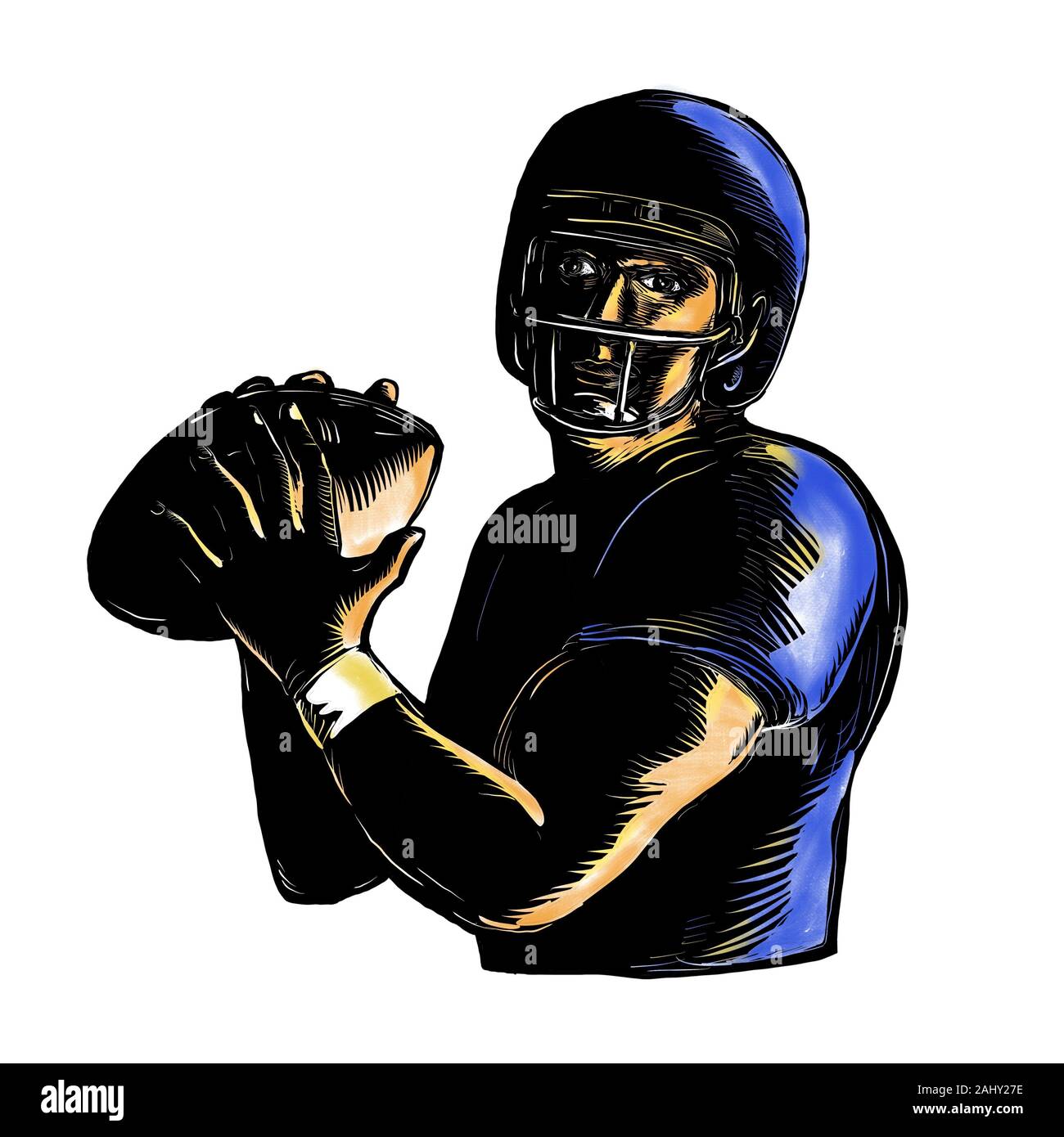Scratchboard style illustration of an American football Quarterback