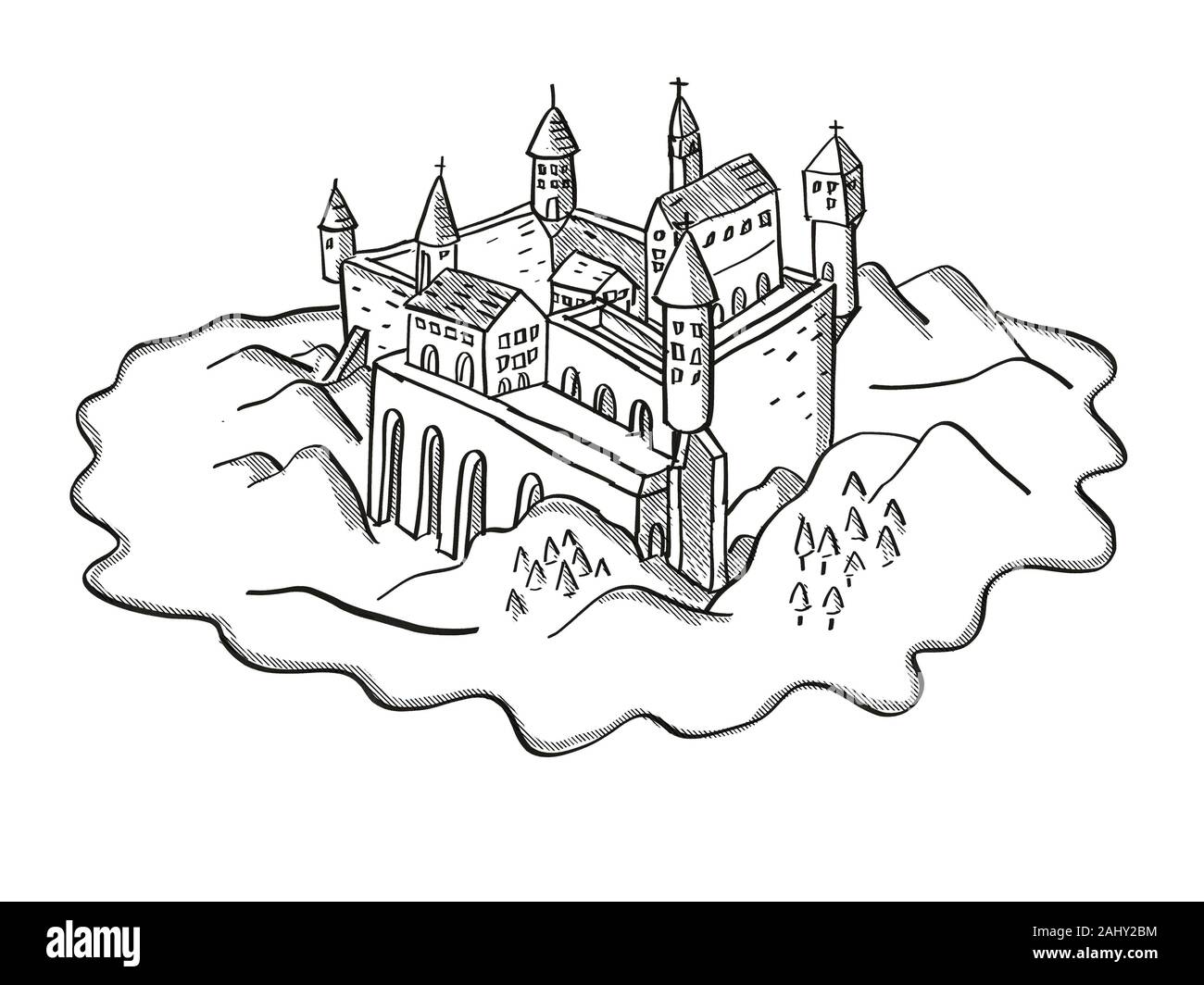 Retro cartoon style drawing of a vintage fantasy or treasure map showing a Castle or Fortress on an island on isolated white background done in black Stock Photo