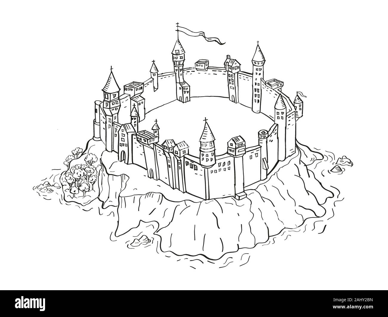 Retro cartoon style drawing of a vintage fantasy or treasure map showing a Castle or Fortress on an island on isolated white background done in black Stock Photo